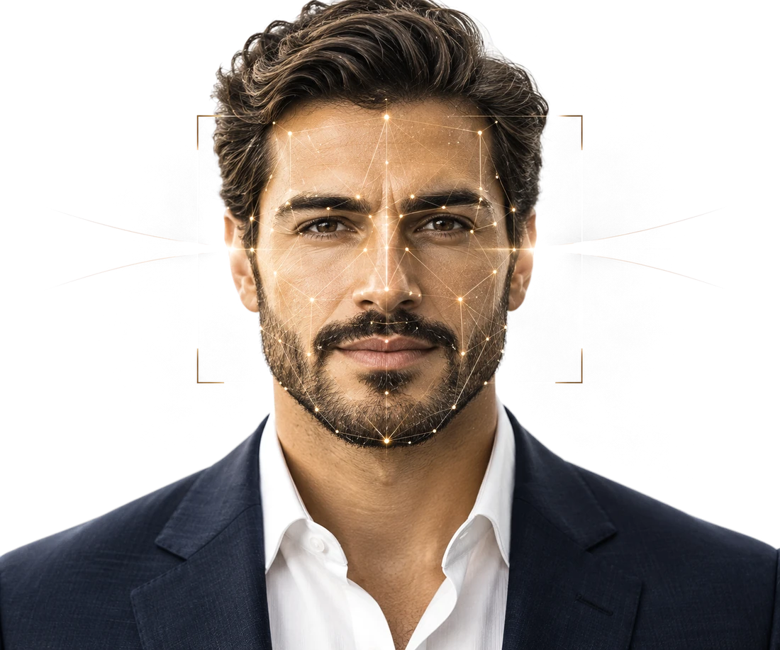 Portrait with a golden biometric mesh mapped across the face
