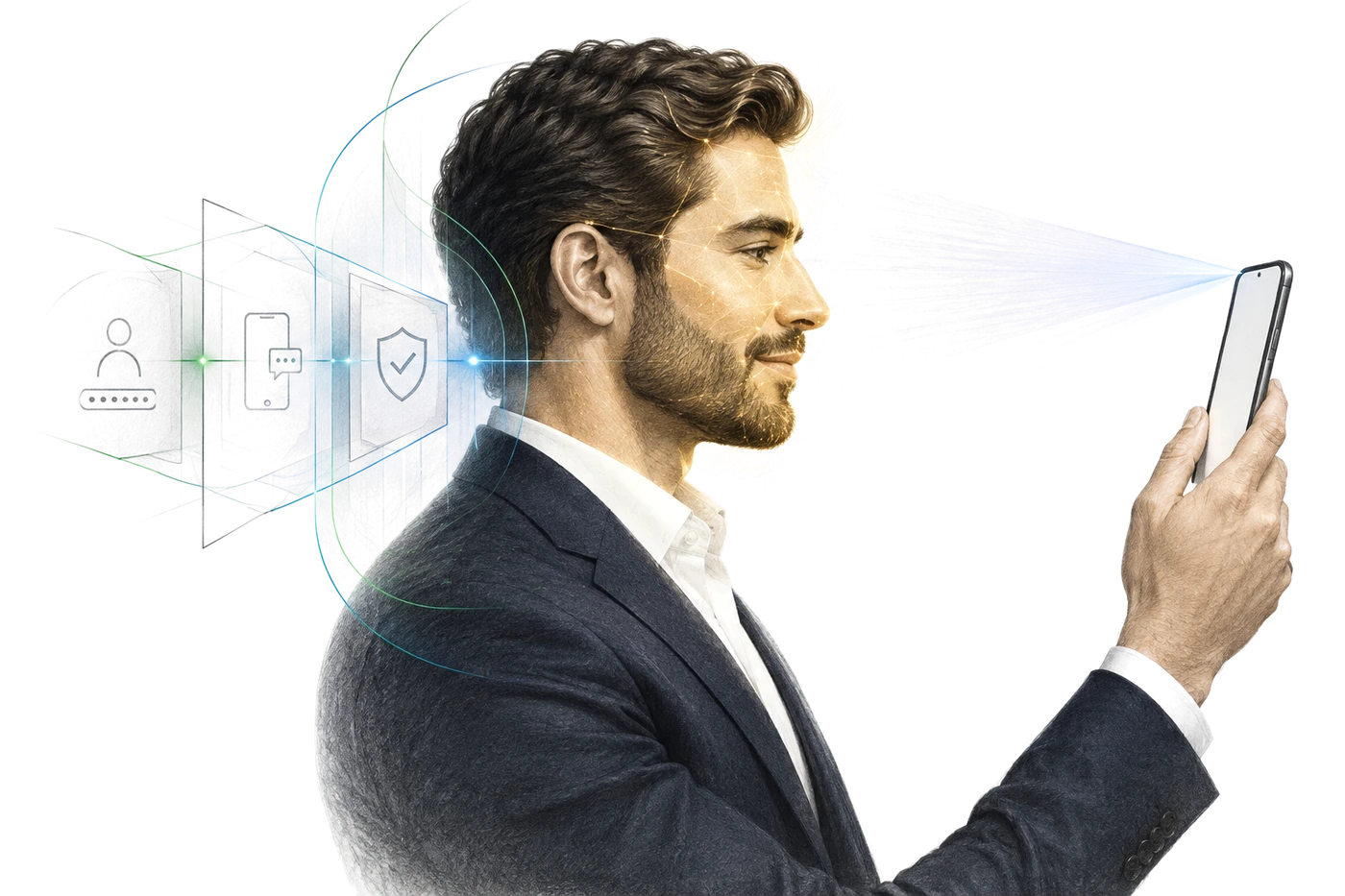 A person authenticating with a phone: passwords, SMS codes and security prompts fade behind as a single face scan proves who they are