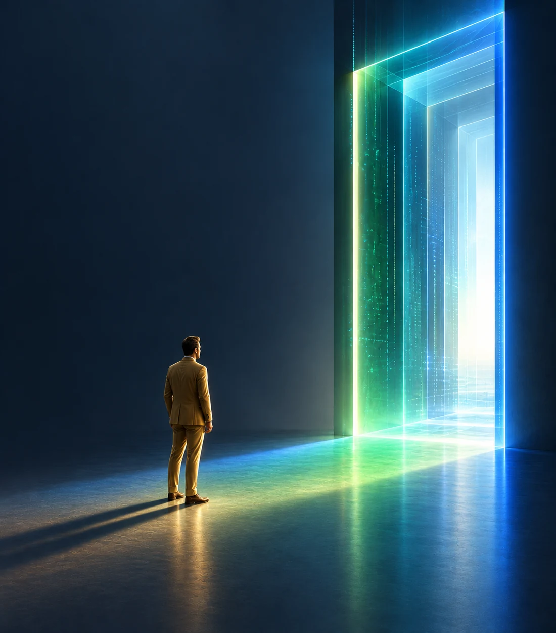A person standing before a glowing digital gateway