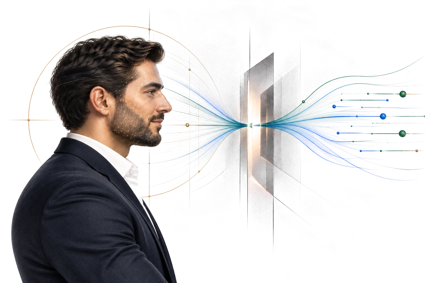 A person facing a portal where streams of data converge into one clear path