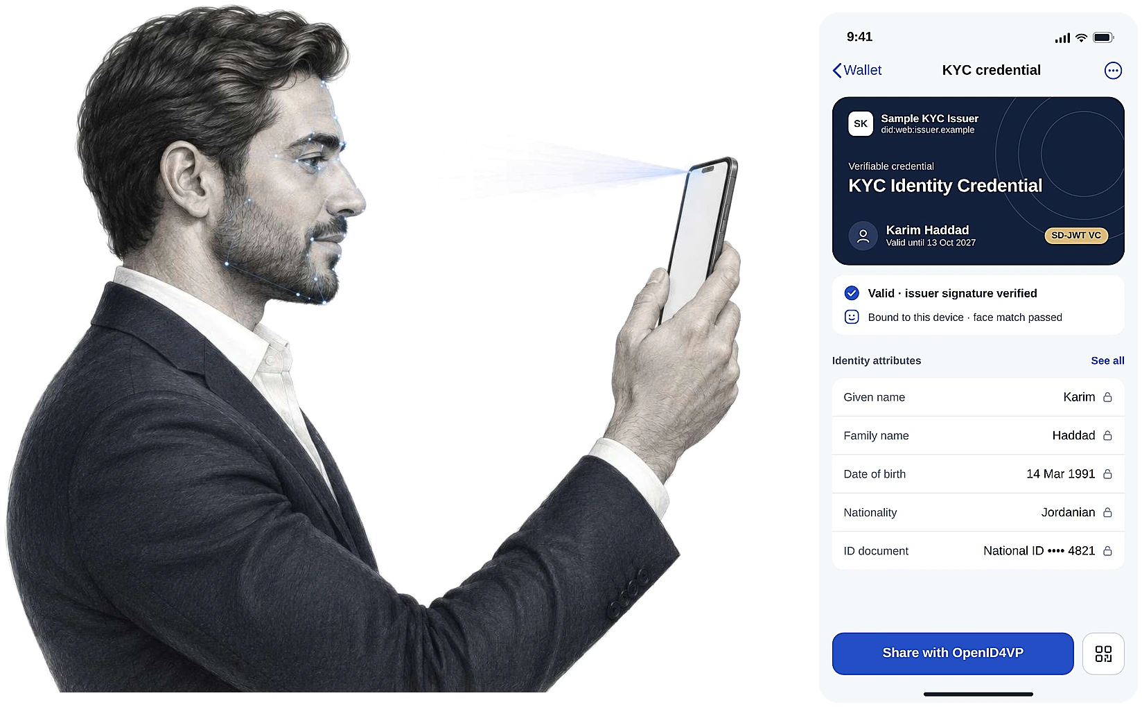 A customer verifying their face with a phone, next to the wallet screen showing a verified KYC identity credential